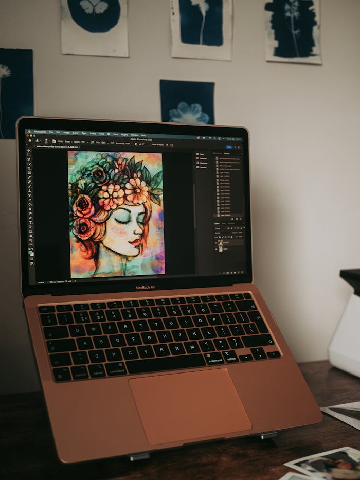 A laptop screen displaying vibrant digital artwork in a home setting.