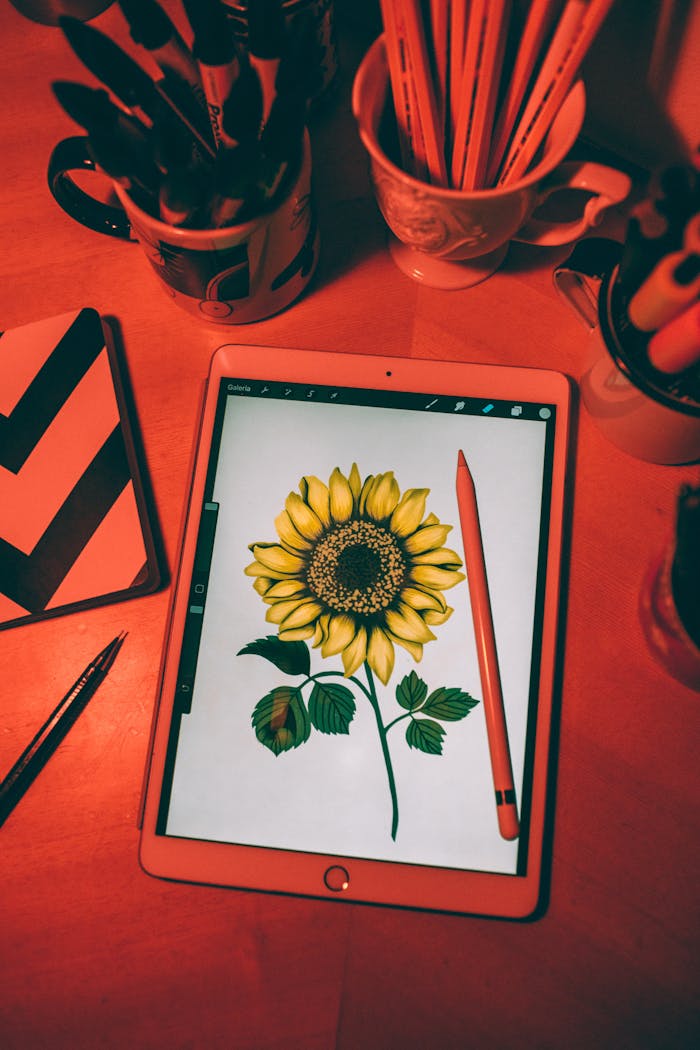 A vibrant digital sunflower illustration on an iPad, paired with an Apple Pencil and art supplies in a warm, creative setup.